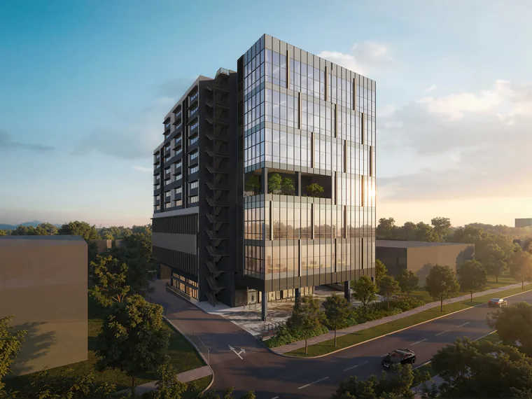 Space Nova building view from the park side — full elevation showing the carpark screen, sky garden opening and curtain-wall upper storeys