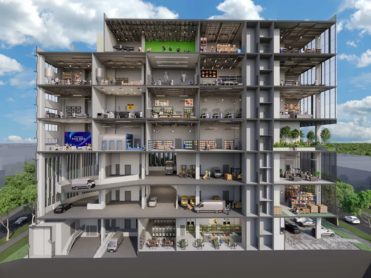 Visit Space Nova showflat — cross-section of the clean industrial floors showing production, warehousing and studio fit-outs