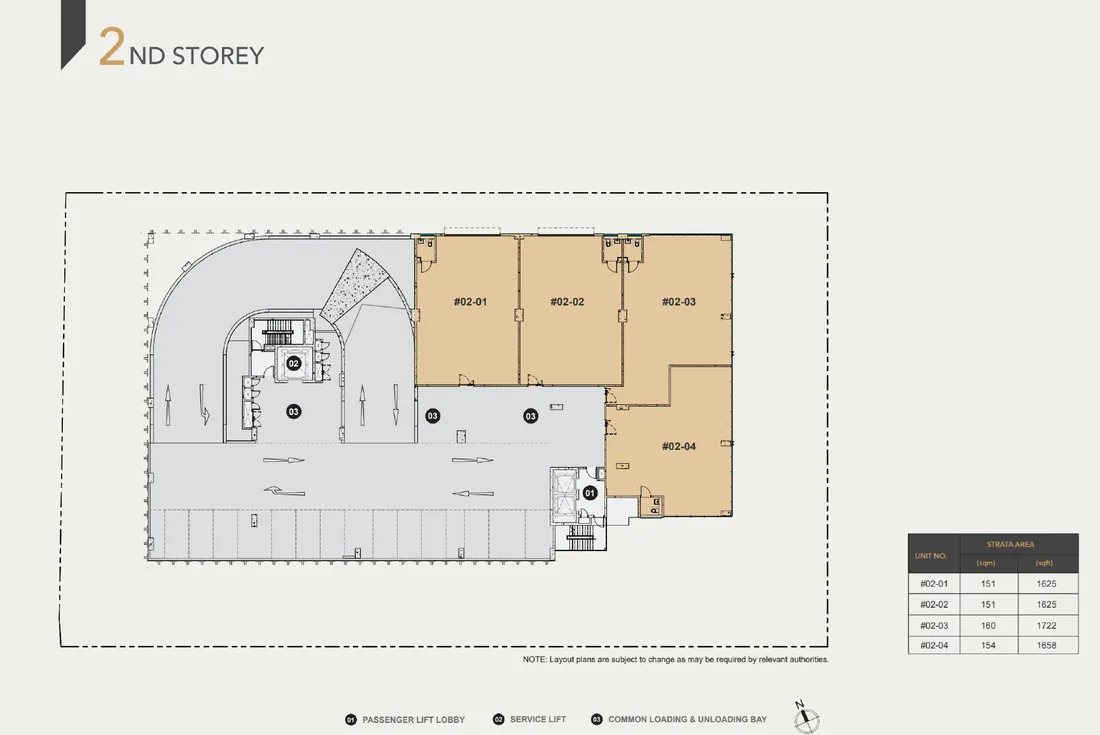 Space Nova 2nd storey floor plan — B1 clean industrial units #02-01 to #02-04 from 1,625 to 1,722 sqft, with ramp access and common loading and unloading bay