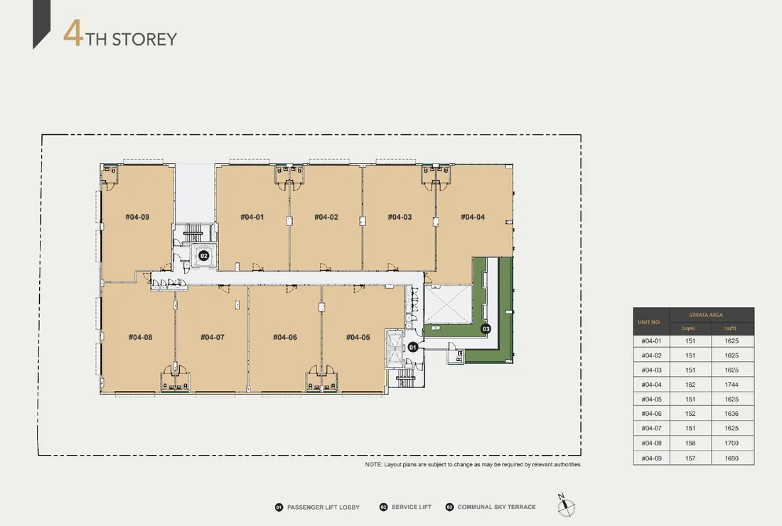 Space Nova 4th storey floor plan — B1 clean industrial units #04-01 to #04-09 from 1,625 to 1,744 sqft, beside the communal sky terrace