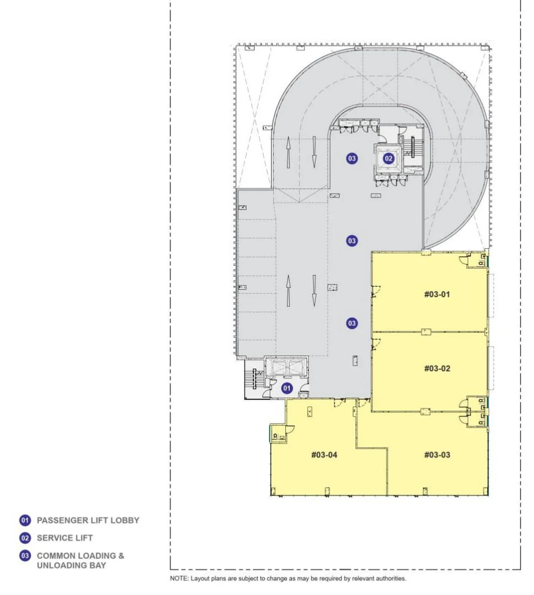 Space Nova Level 3 floor plan — third-storey B1 industrial units #03-01 to #03-04 with ramp and common loading/unloading bay (preliminary draft)