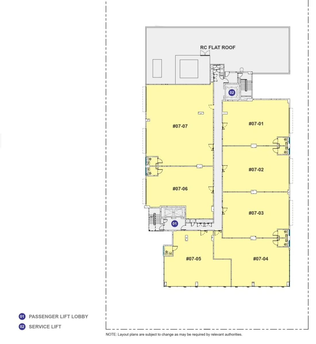 Space Nova Level 7 floor plan — seventh-storey B1 industrial units #07-01 to #07-07 with RC flat roof (preliminary draft)