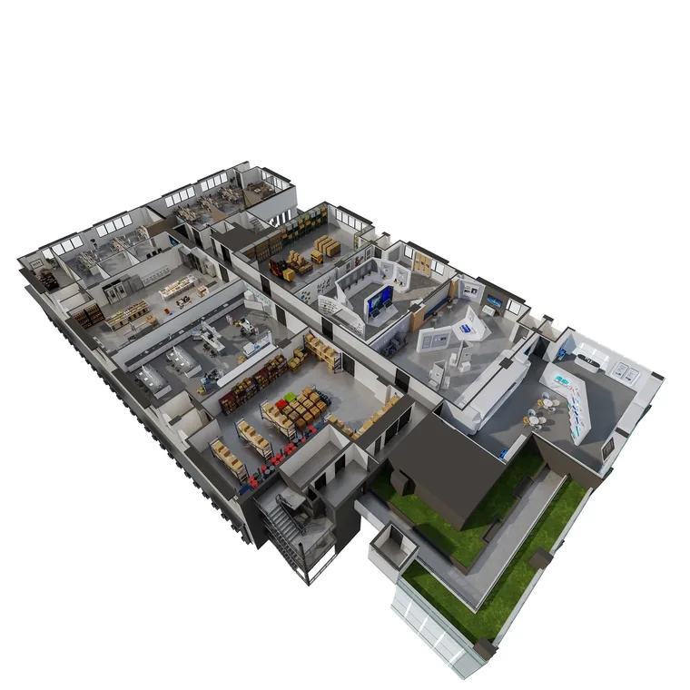 Space Nova 360-degree layout illustration — flexible work stations, e-commerce warehouse, creative studio and showroom uses within combined units