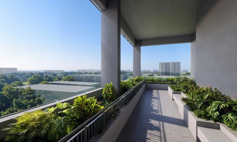 Space Nova Level 4 communal sky terrace — landscaped planters and open walkway overlooking the Bartley and Paya Lebar greenery