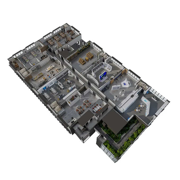 Space Nova multi-trade layout illustration — laboratories, food preparation, storage racking and display suites configured across a clean industrial floor